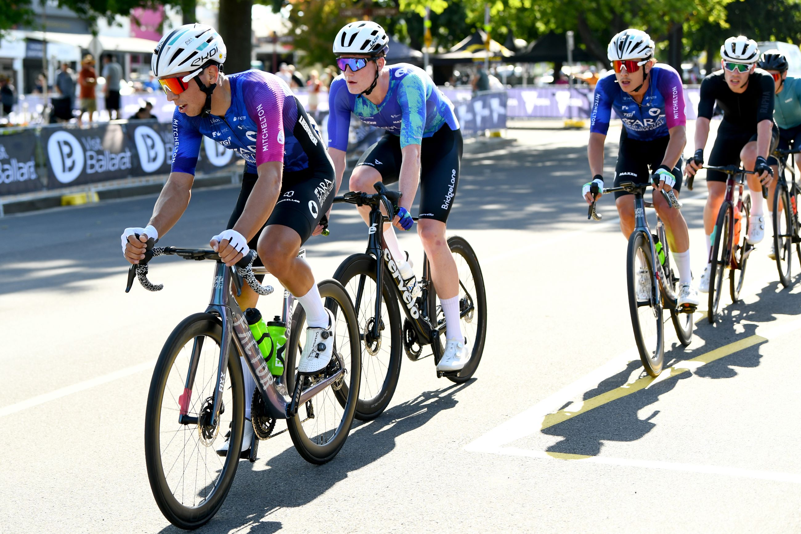 Declan Trezise and Jackson Medway during the U23 men's criterium national title in 2024 in Ballarat